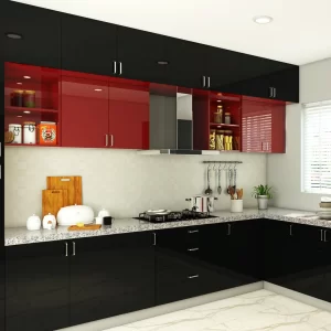 Dark Phoenix L-Shaped Black and Wine Red Modular Kitchen