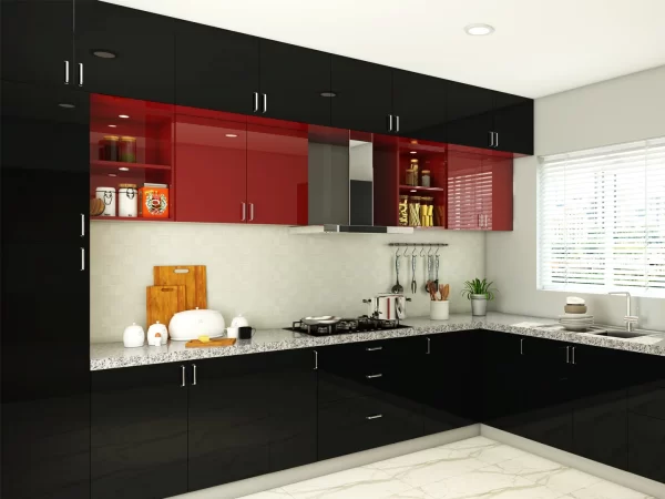 Dark Phoenix L-Shaped Black and Wine Red Modular Kitchen